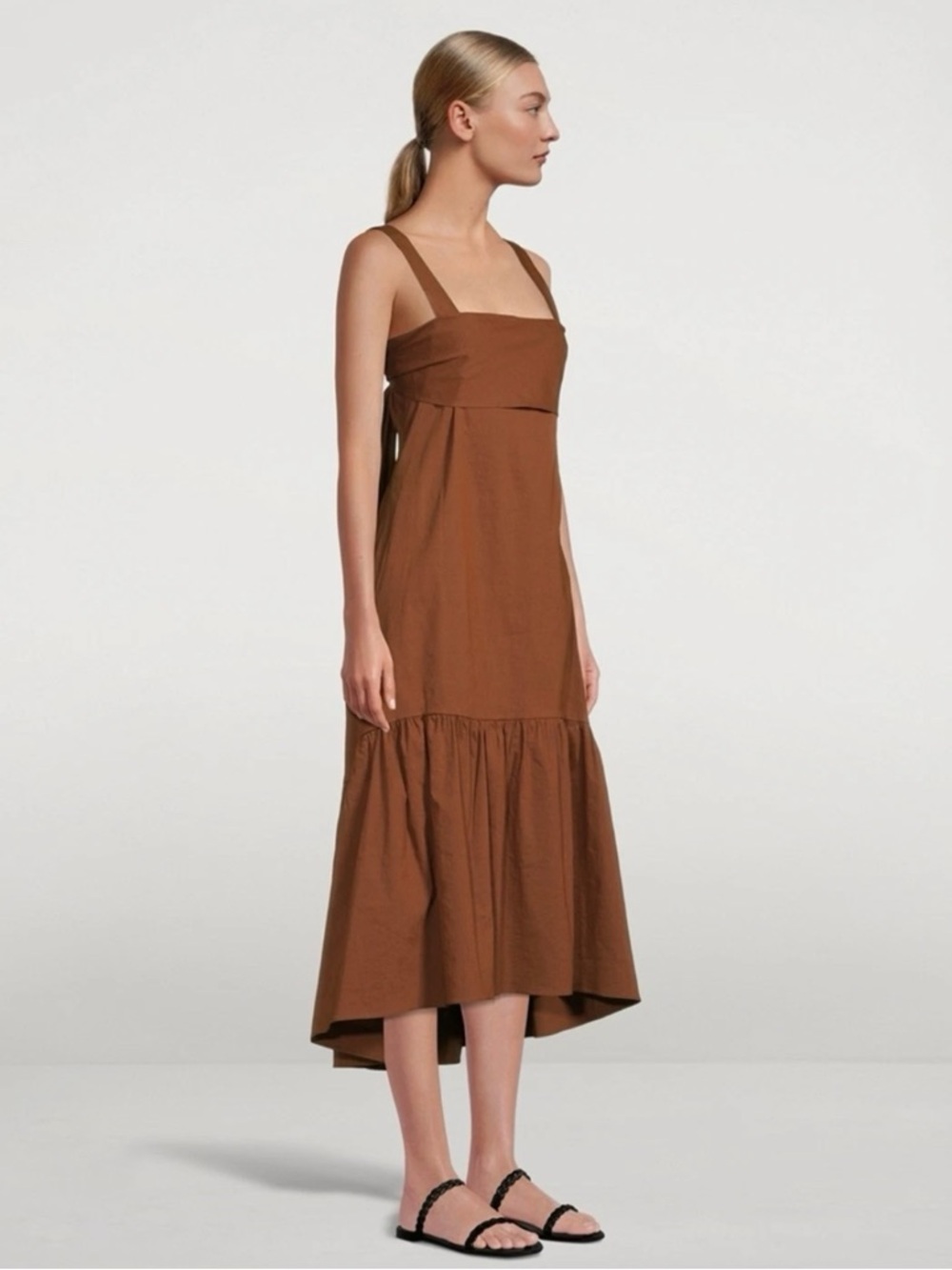 THEORY Linen Blend Tie Back Dress in Cognac Eco Crunch Wash Size Large